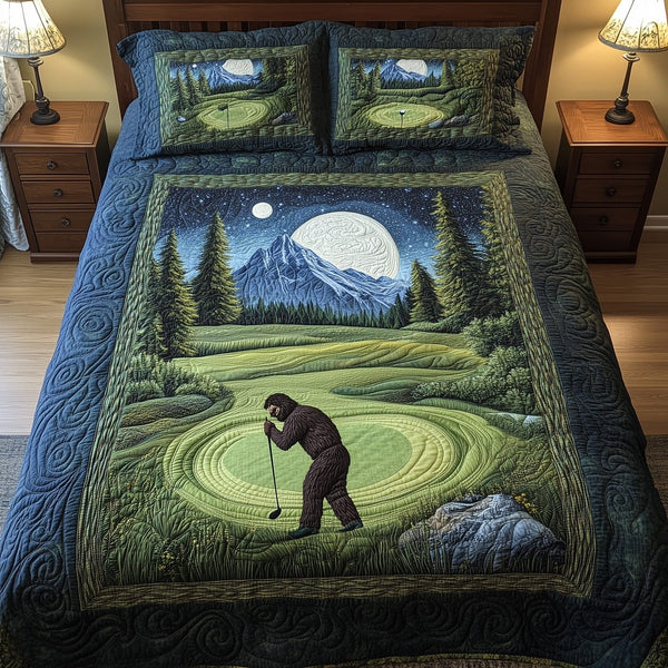 Bogey Putt quilted 3-piece bedding set on a made bed with two matching pillow shams