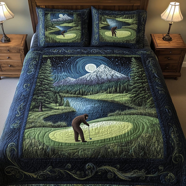 Bogey Putt quilted 3-piece bedding set on a made bed with two matching pillow shams