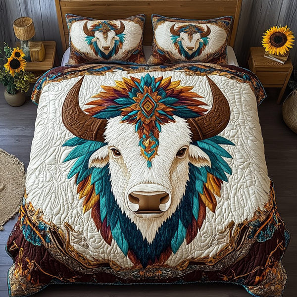 Bohemian Bliss quilted 3-piece bedding set on a made bed with two matching pillow shams