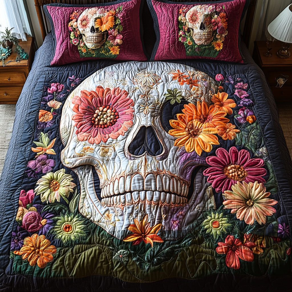 Bohemian Bloom quilted 3-piece bedding set on a made bed with two matching pillow shams