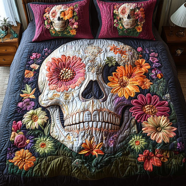 Bohemian Bloom quilted 3-piece bedding set on a made bed with two matching pillow shams