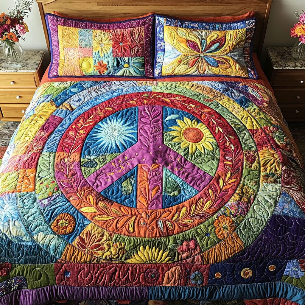 Bohemian Dream quilted 3-piece bedding set on a made bed with two matching pillow shams