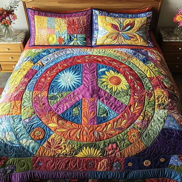 Bohemian Dream quilted 3-piece bedding set on a made bed with two matching pillow shams