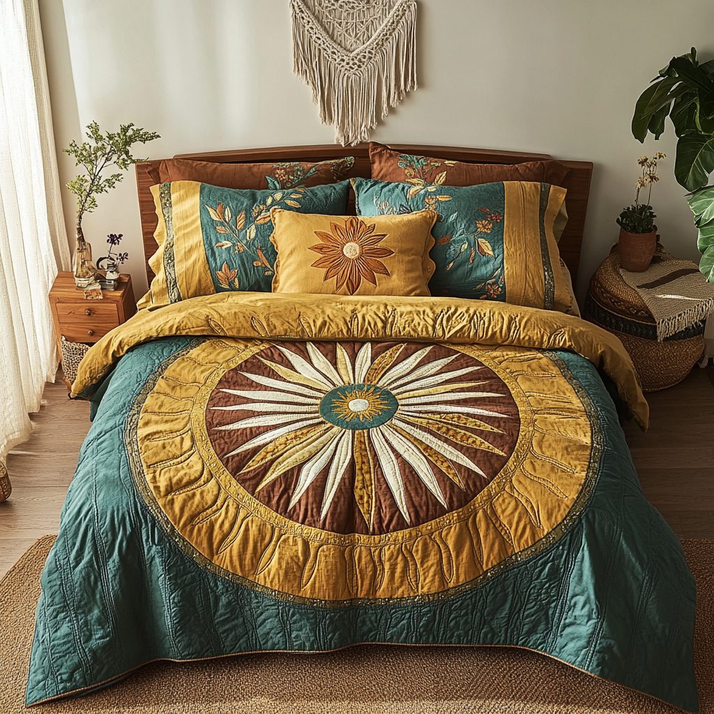 Bohemian Dreamscape quilted 3-piece bedding set on a made bed with two matching pillow shams