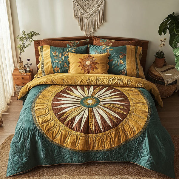 Bohemian Dreamscape quilted 3-piece bedding set on a made bed with two matching pillow shams