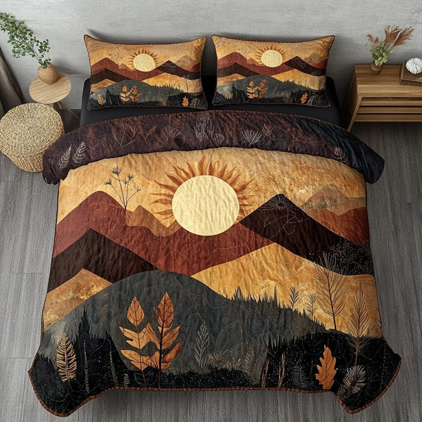 Bohemian Dreamscape quilted 3-piece bedding set on a made bed with two matching pillow shams