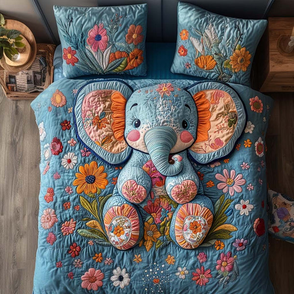 Bohemian Elephant quilted 3-piece bedding set on a made bed with two matching pillow shams