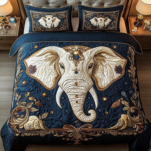 Bohemian Elephant quilted 3-piece bedding set on a made bed with two matching pillow shams