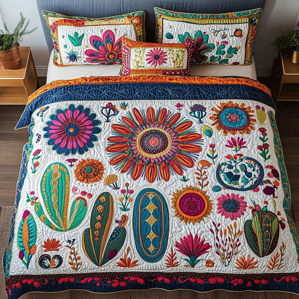 Bohemian Garden quilted 3-piece bedding set on a made bed with two matching pillow shams