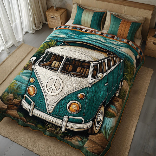 Bohemian Road Trip quilted 3-piece bedding set on a made bed with two matching pillow shams