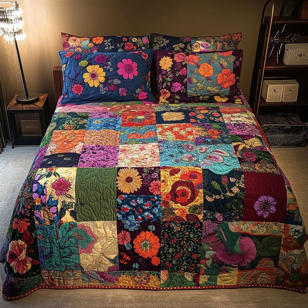 Bohemian Spirit quilted 3-piece bedding set on a made bed with two matching pillow shams