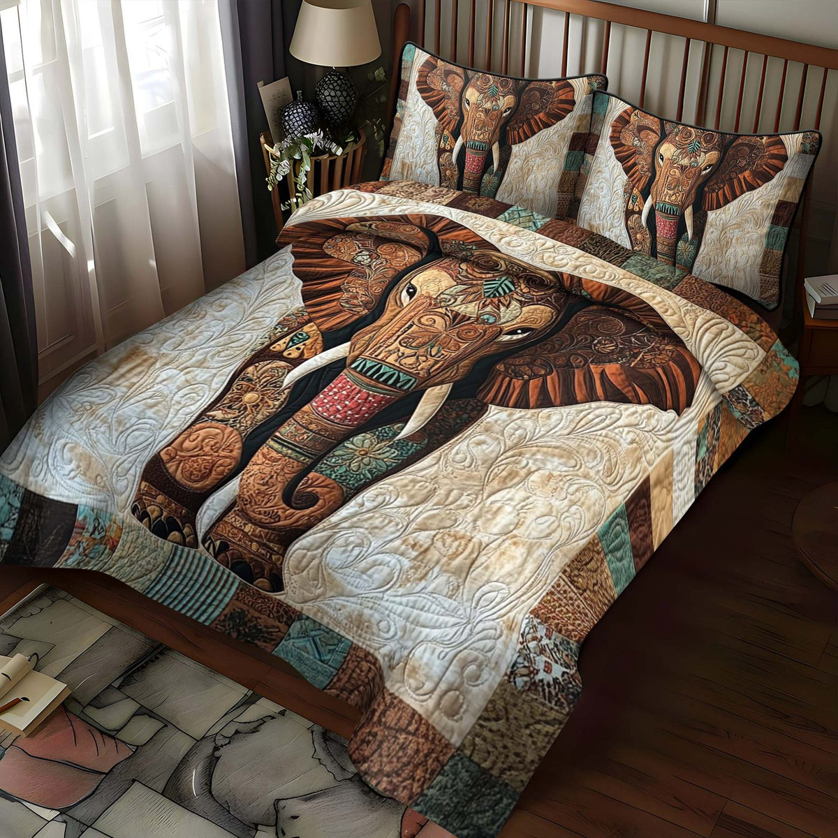 Bohemian Trunk quilted 3-piece bedding set on a made bed with two matching pillow shams
