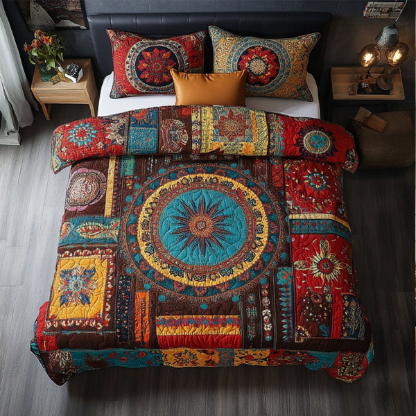 Bohemian Vibes quilted 3-piece bedding set on a made bed with two matching pillow shams