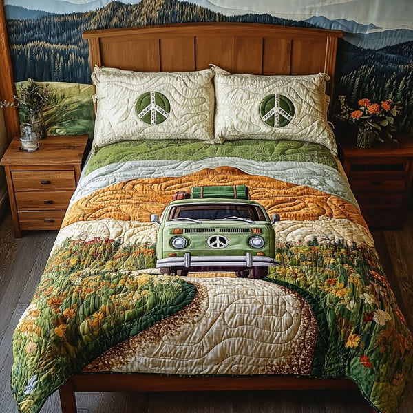 Boho Adventure Dreams quilted 3-piece bedding set on a made bed in a winter-styled bedroom