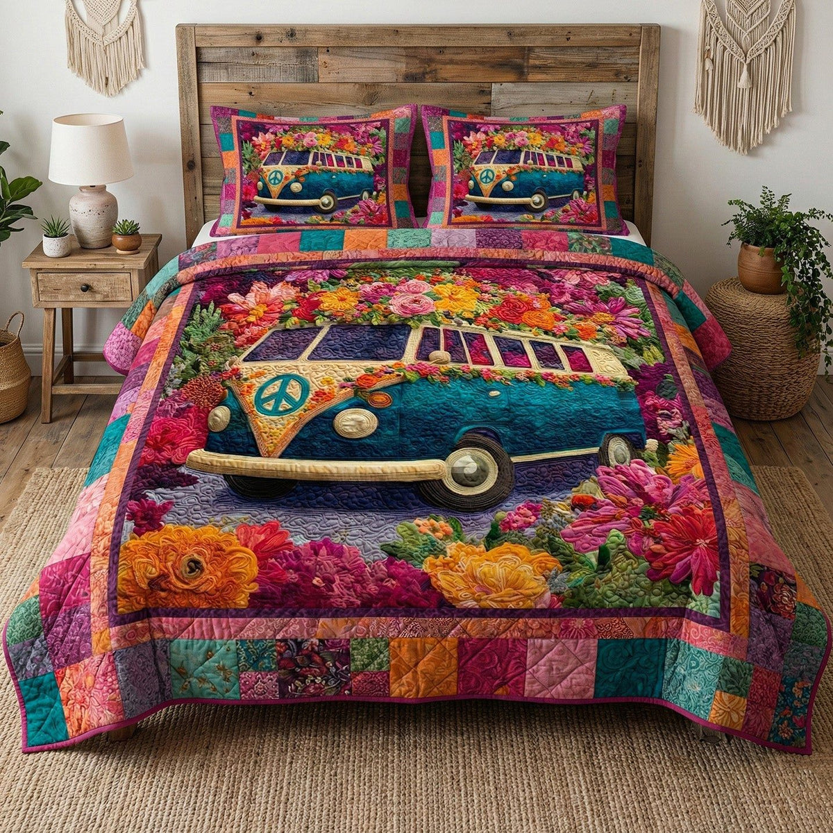 Boho Adventure quilted 3-piece bedding set on a made bed in a winter-styled bedroom