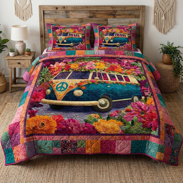 Boho Adventure quilted 3-piece bedding set on a made bed in a winter-styled bedroom