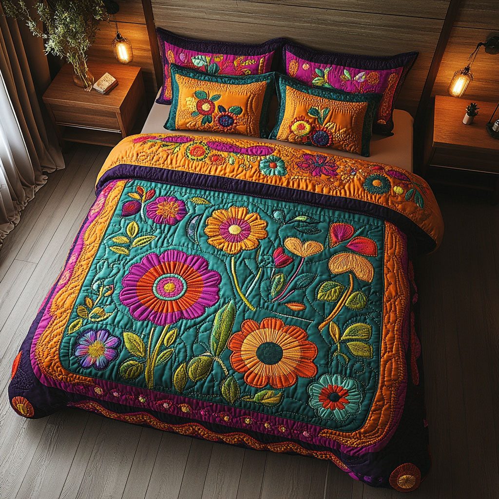 Boho Beauty quilted 3-piece bedding set on a made bed with two matching pillow shams