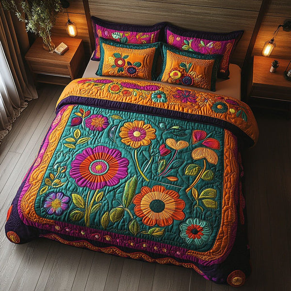 Boho Beauty quilted 3-piece bedding set on a made bed with two matching pillow shams