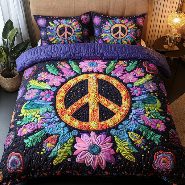 Boho Bliss quilted 3-piece bedding set on a made bed with two matching pillow shams