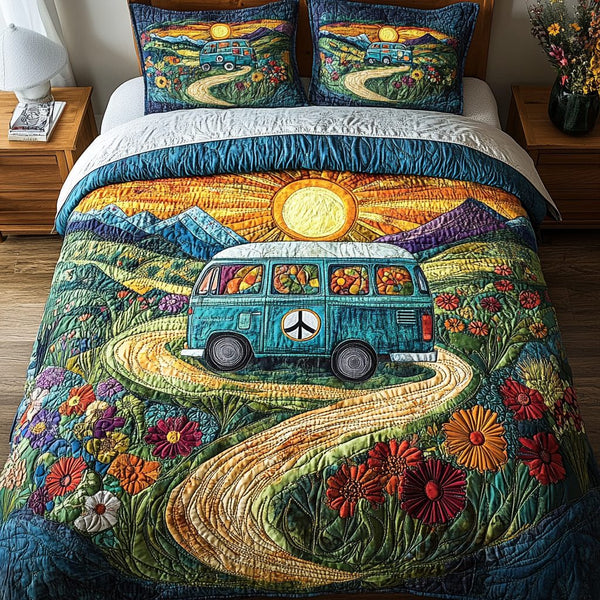 Boho Bliss quilted 3-piece bedding set on a made bed with two matching pillow shams