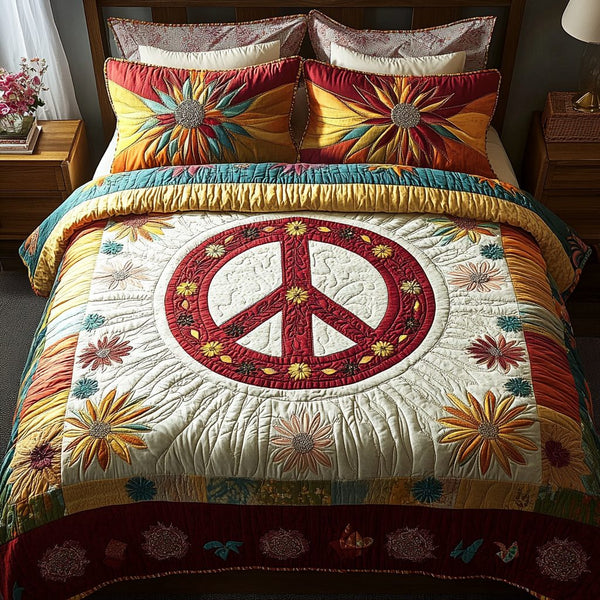 Boho Bliss quilted 3-piece bedding set on a made bed with two matching pillow shams