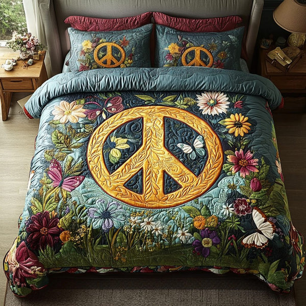 Boho Bliss quilted 3-piece bedding set on a made bed with two matching pillow shams