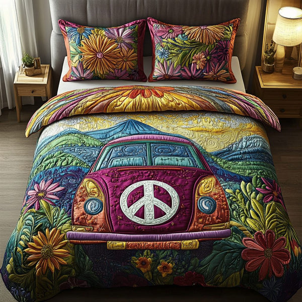 Boho Bliss quilted 3-piece bedding set on a made bed with two matching pillow shams