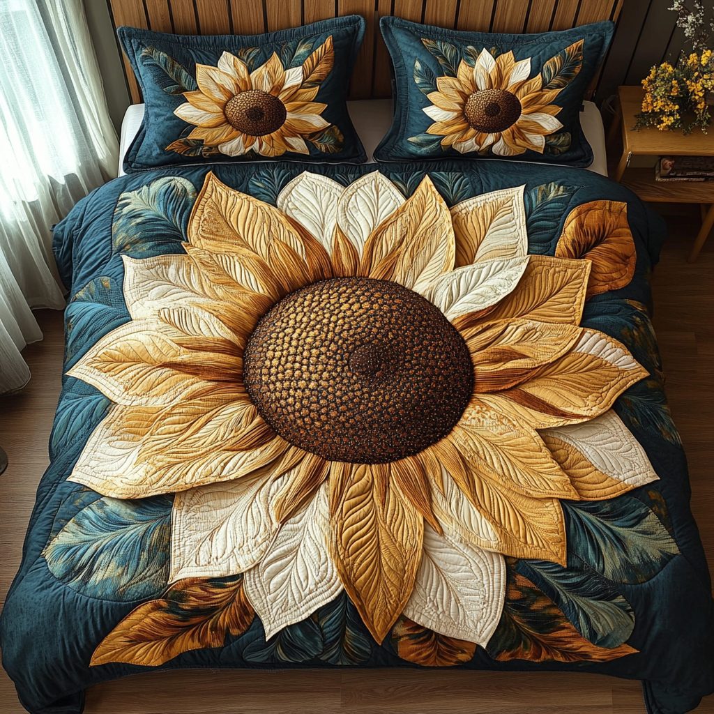 Boho Bloom quilted 3-piece bedding set on a made bed with two matching pillow shams