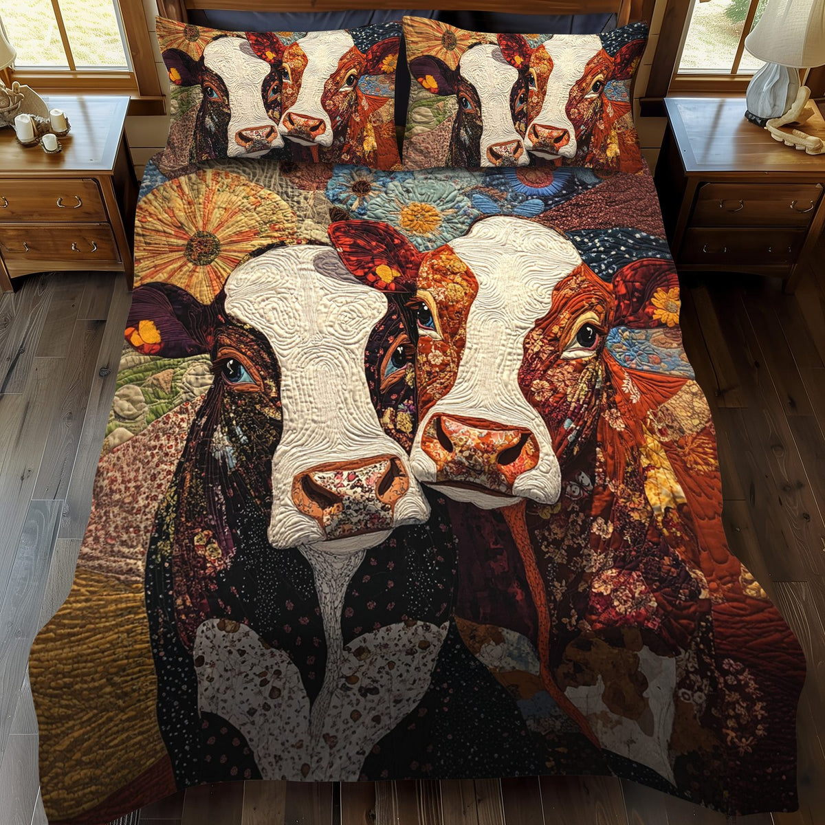 Boho Bovines quilted 3-piece bedding set on a made bed with two matching pillow shams