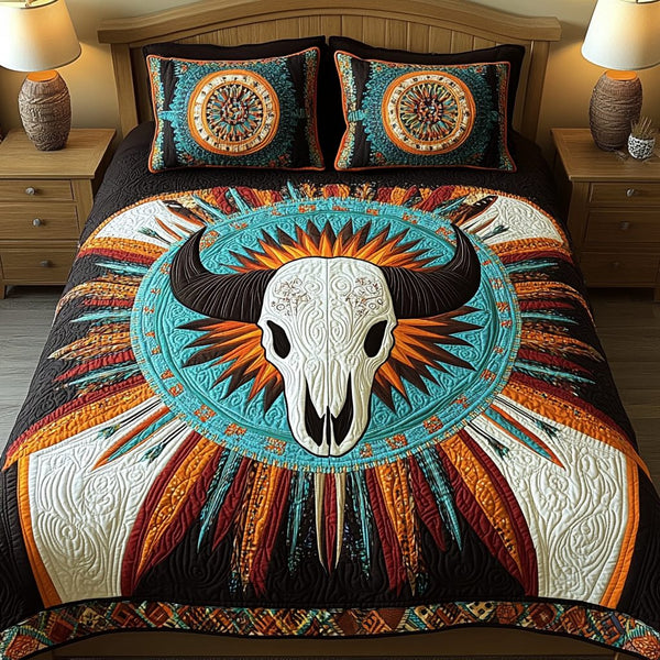 Boho Breeze quilted 3-piece bedding set on a made bed with two matching pillow shams