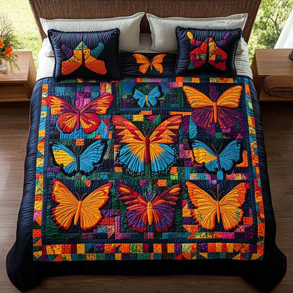 Boho Butterfly Dreams quilted 3-piece bedding set on a made bed with two matching pillow shams