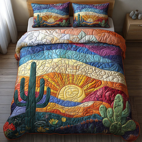 Boho Cactus Bliss quilted 3-piece bedding set on a made bed with two matching pillow shams