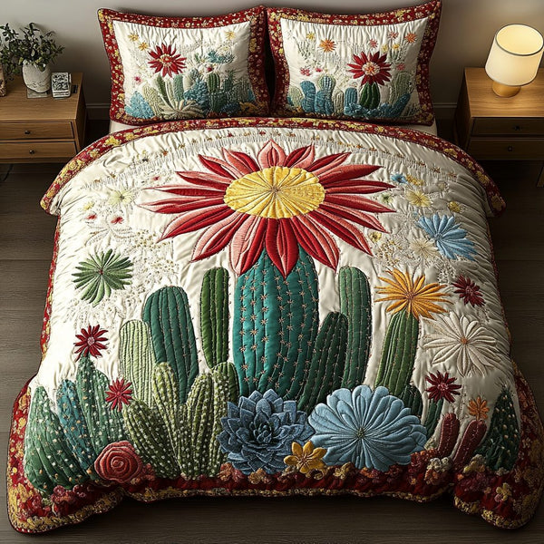 Boho Cactus Glow quilted 3-piece bedding set on a made bed with two matching pillow shams
