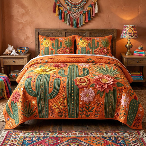 Boho Cactus quilted 3-piece bedding set on a made bed with two matching pillow shams