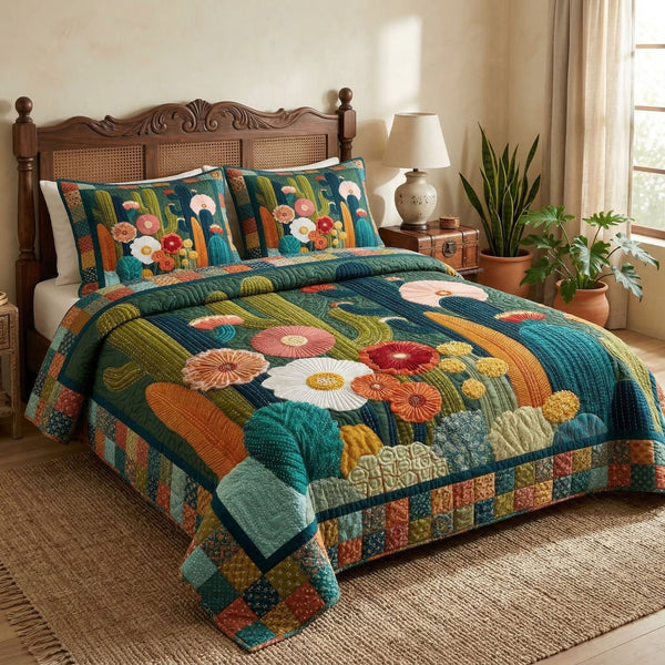 Boho Desert Cactus quilted 3-piece bedding set on a made bed with two matching pillow shams