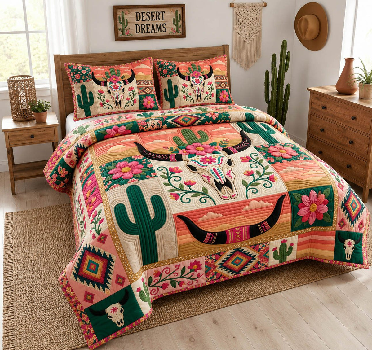 Boho Desert Longhorn quilted 3-piece bedding set on a made bed in a rustic timber bedroom