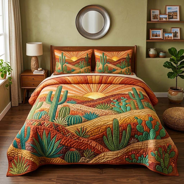 Boho Desert quilted 3-piece bedding set on a made bed with two matching pillow shams