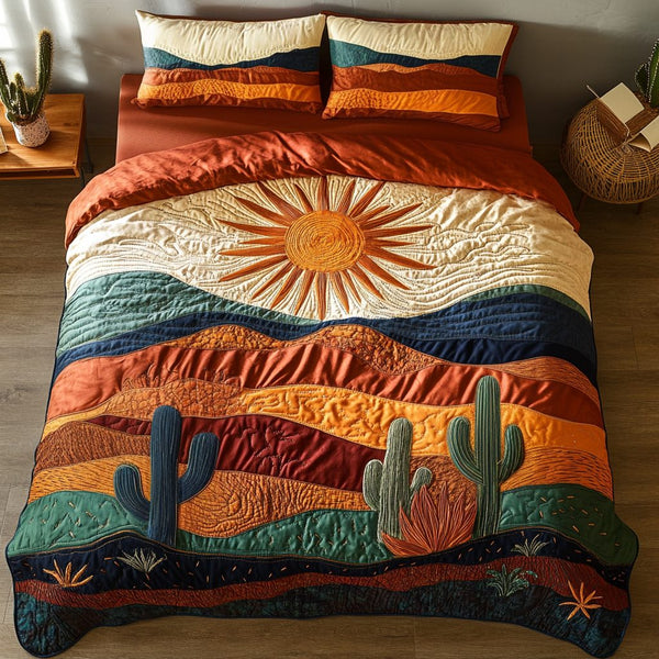 Boho Desert quilted 3-piece bedding set on a made bed with two matching pillow shams