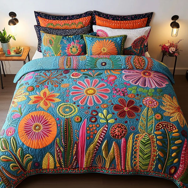 Boho Desert Vibes quilted 3-piece bedding set on a made bed with two matching pillow shams
