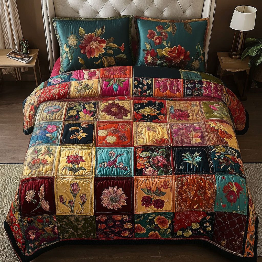 Boho Dream quilted 3-piece bedding set on a made bed with two matching pillow shams