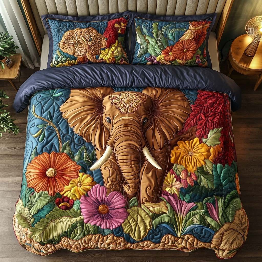 Boho Elephant Dream quilted 3-piece bedding set on a made bed with two matching pillow shams