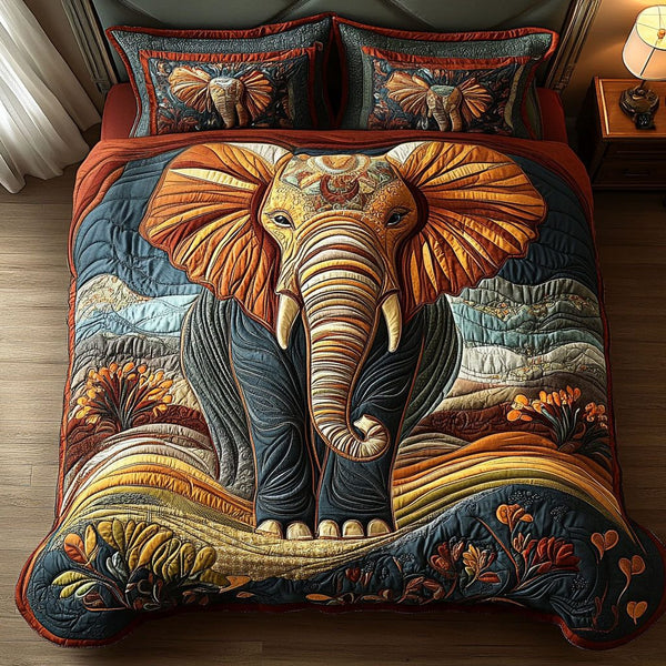 Boho Elephant Fantasy quilted 3-piece bedding set on a made bed with two matching pillow shams