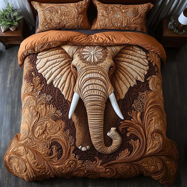 Boho Elephant quilted 3-piece bedding set on a made bed with two matching pillow shams