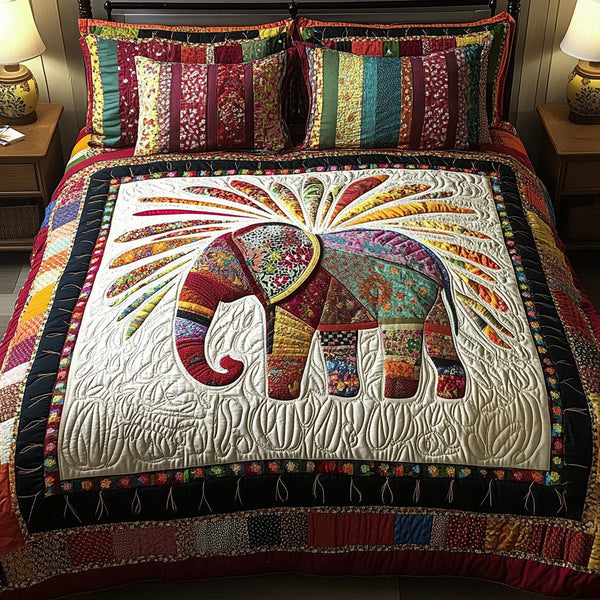 Boho Elephant quilted 3-piece bedding set on a made bed with two matching pillow shams