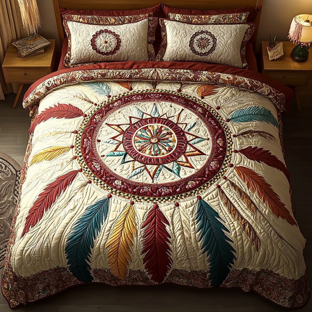 Boho Feather Harmony quilted 3-piece bedding set on a made bed with two matching pillow shams
