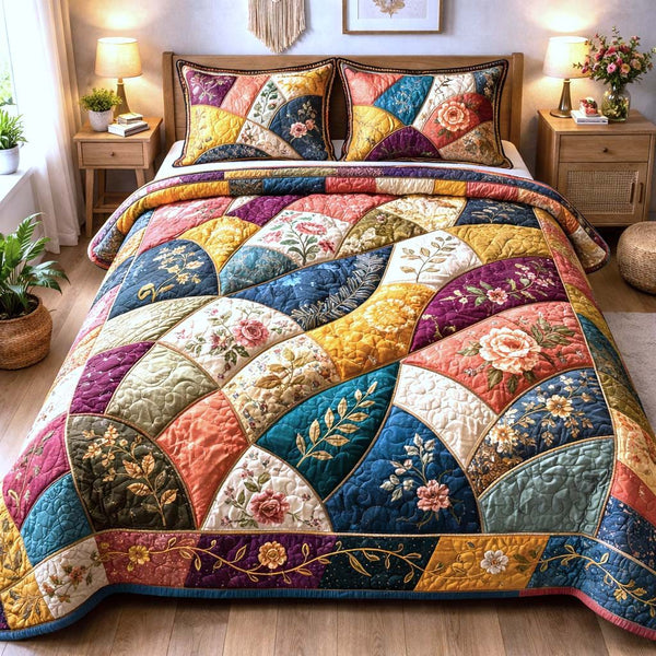 Boho Floral quilted 3-piece bedding set on a made bed with two matching pillow shams