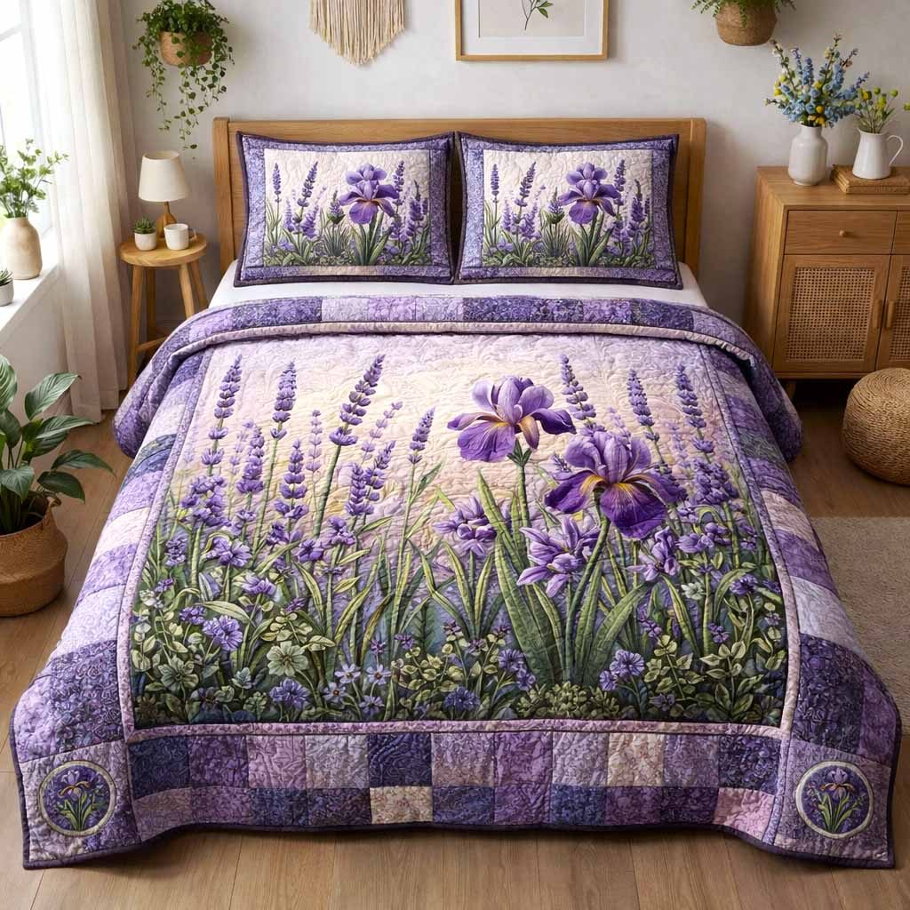 Boho Floral quilted 3-piece bedding set on a made bed with two matching pillow shams