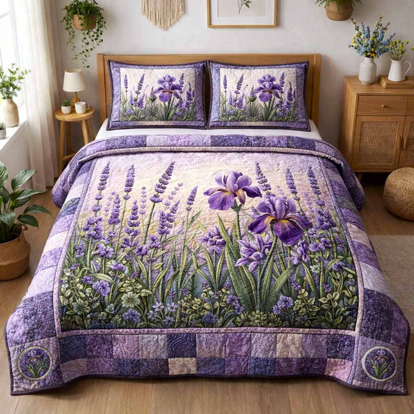 Boho Floral quilted 3-piece bedding set on a made bed with two matching pillow shams