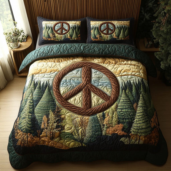 Boho Forest Bliss quilted 3-piece bedding set on a made bed with two matching pillow shams