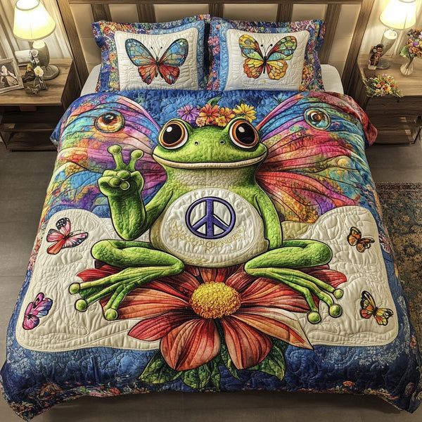 Boho Frog quilted 3-piece bedding set on a made bed with two matching pillow shams